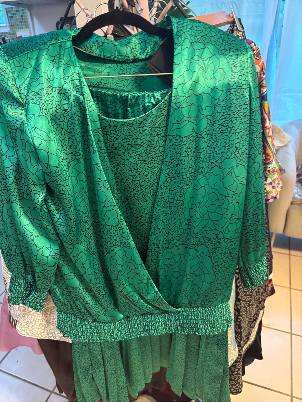 Vintage Emerald Green Floral Print Pleated Skirt Set. Size 5/6.